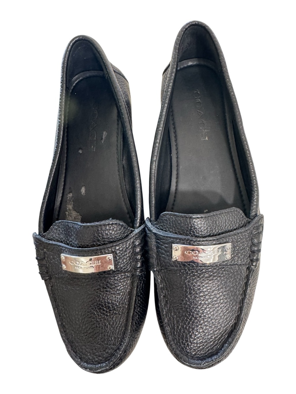 Coach Black Pebbled Leather Women's Driver Loafers with Silver Coach Logo